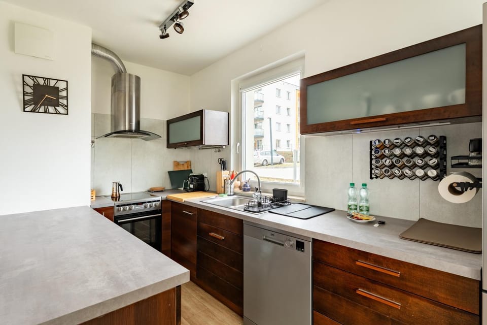 Kitchen or kitchenette, dishwasher, stove