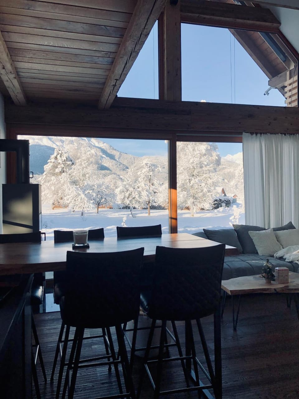 Winter, Living room, Dining area, Mountain view