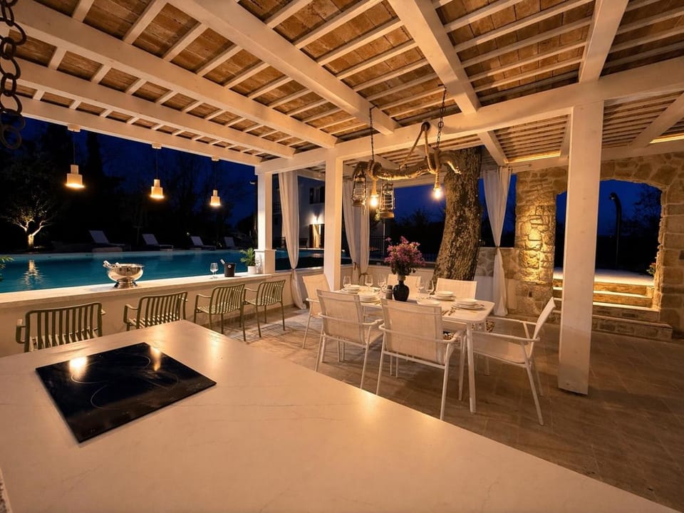 Night, Seating area, Pool view