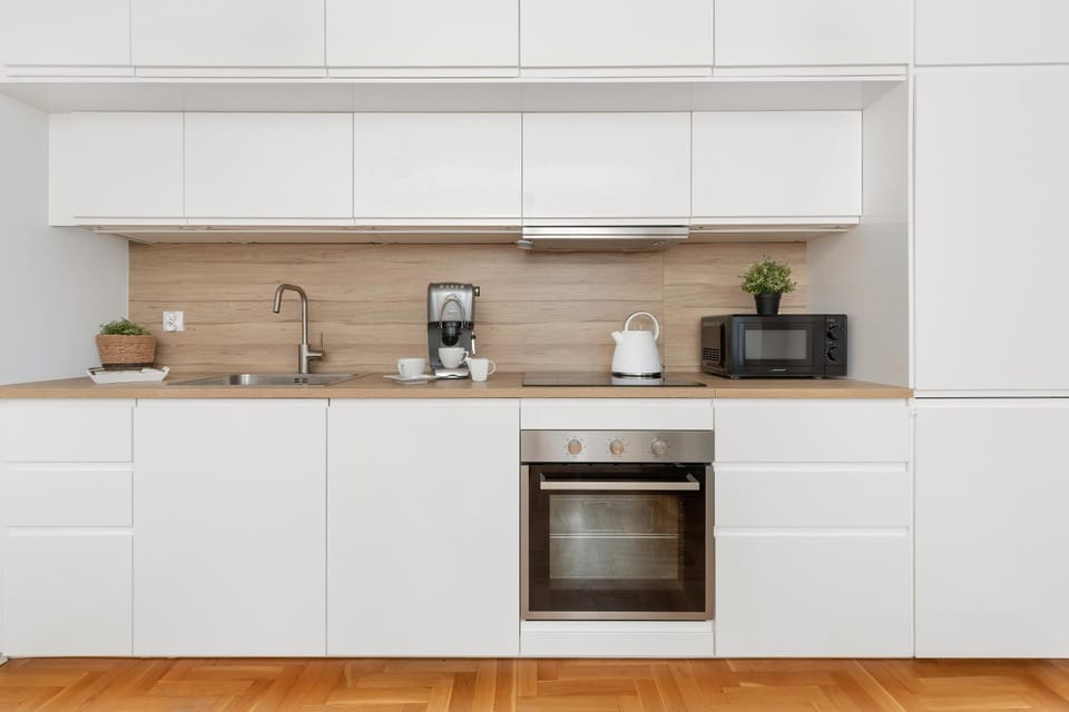 Kitchen or kitchenette, stove