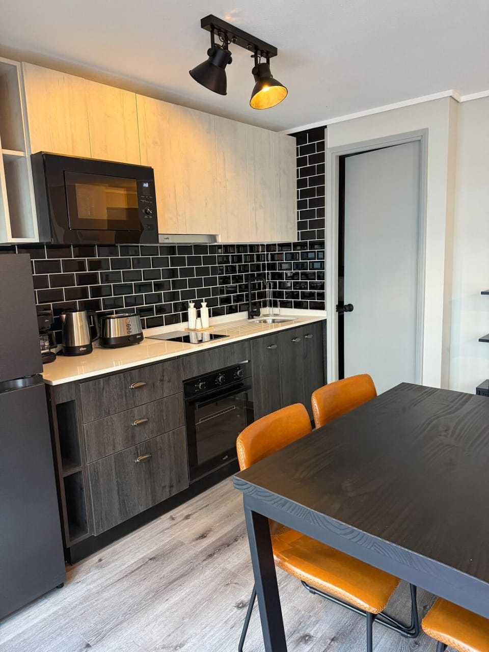 Kitchen or kitchenette, stove