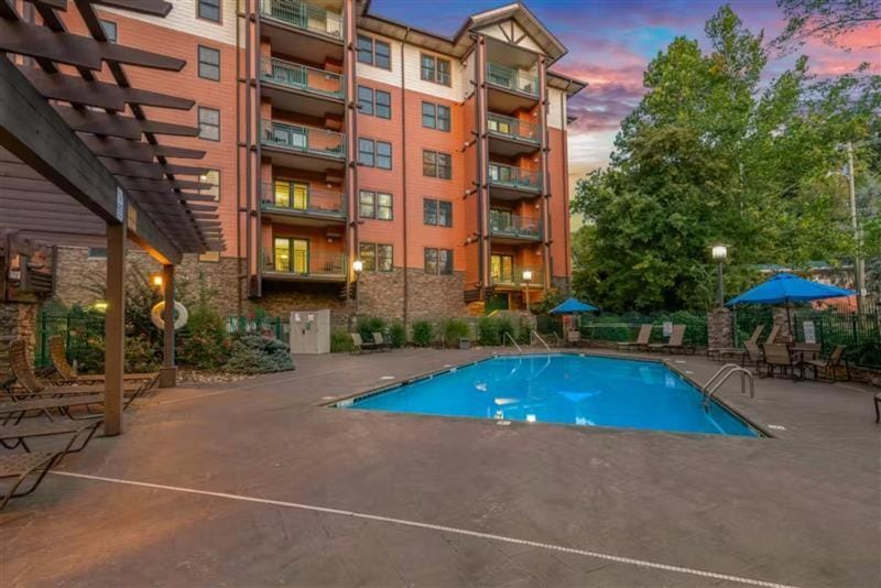 Property building, Facade/entrance, Day, Swimming pool, Sunset