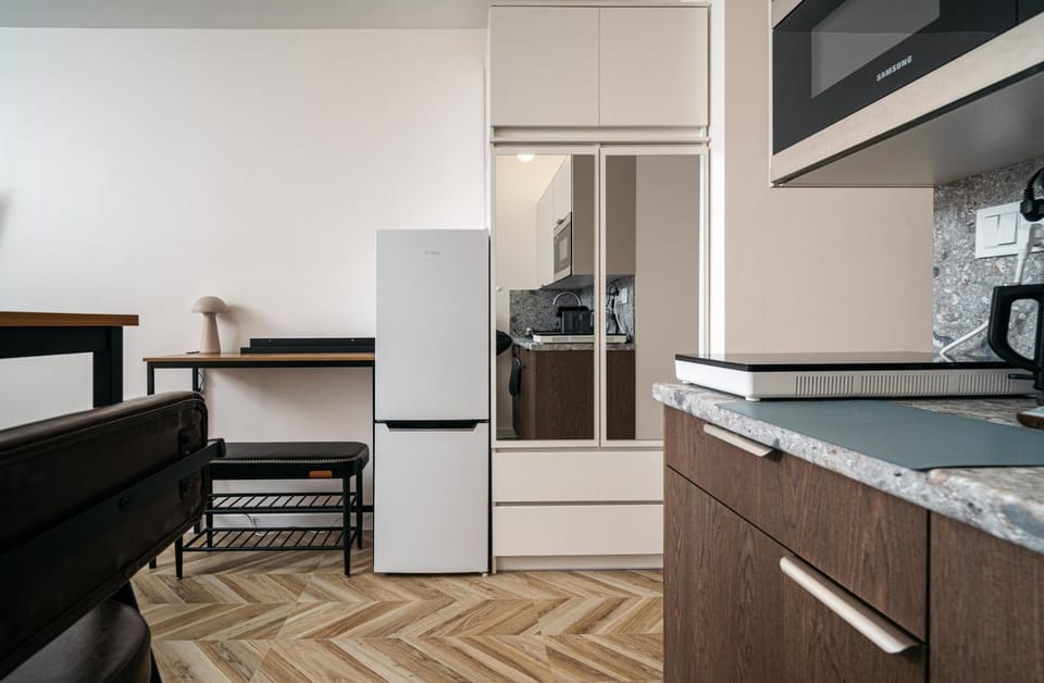 Kitchen or kitchenette, stove
