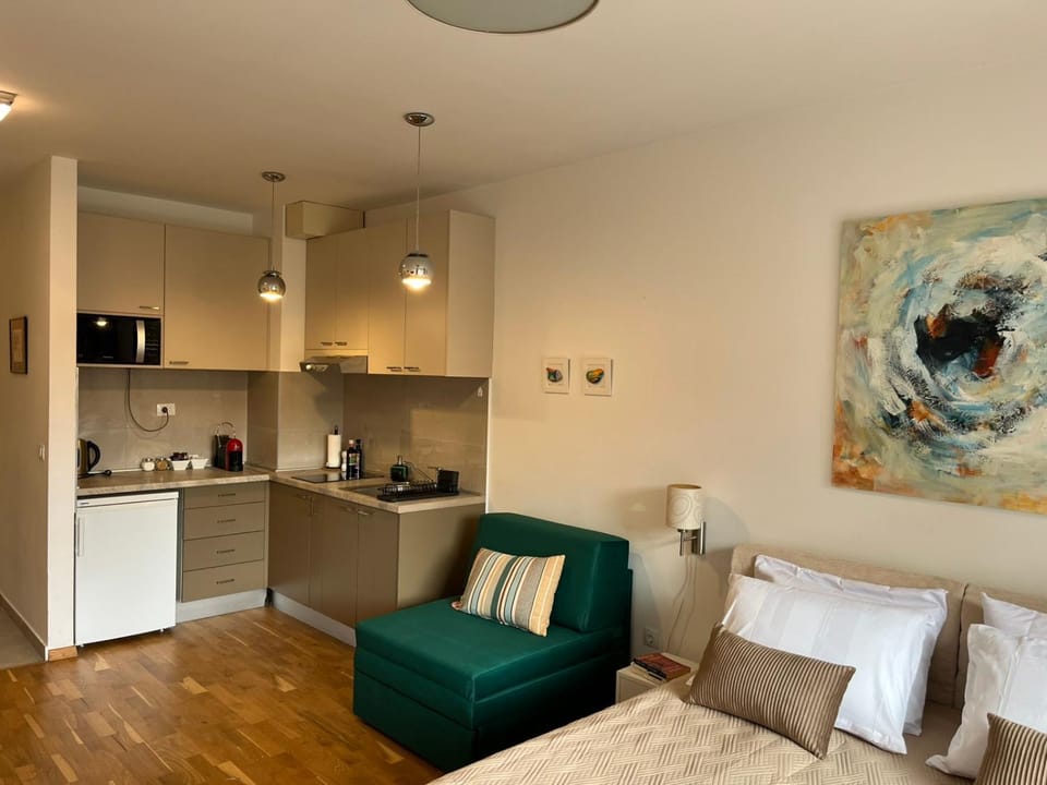 Coffee/tea facilities, Kitchen or kitchenette, Seating area, stove, toaster