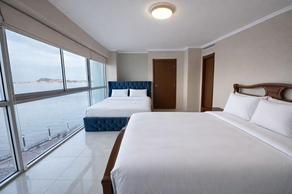 Bed, River view, towels