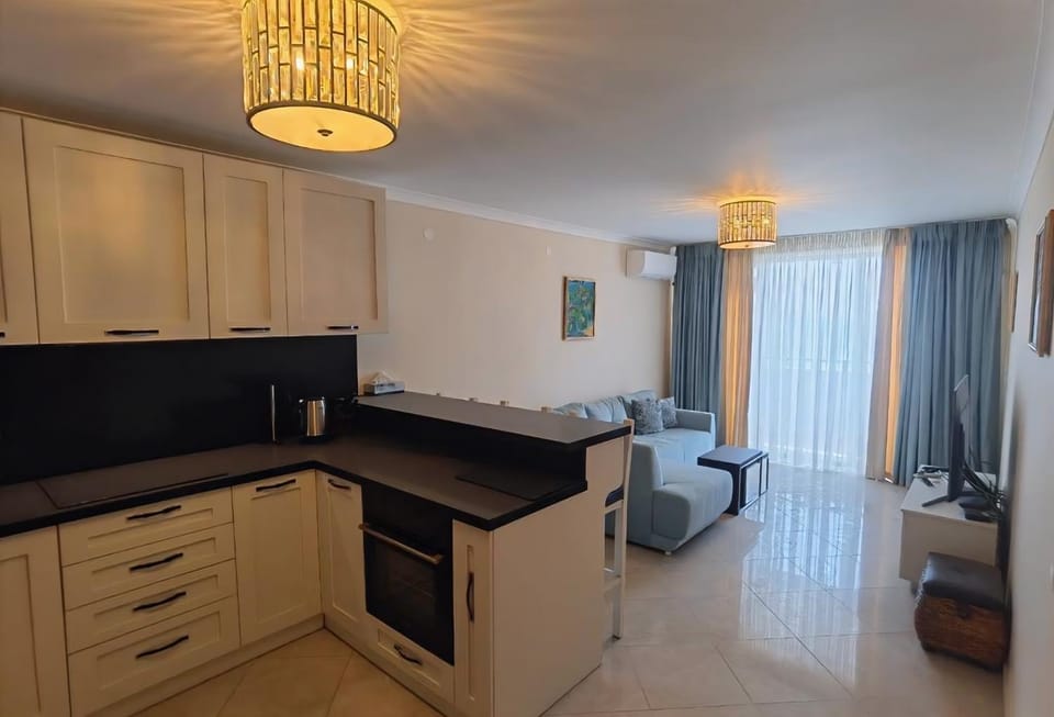 Kitchen or kitchenette, Living room, Seating area, Dining area, stove