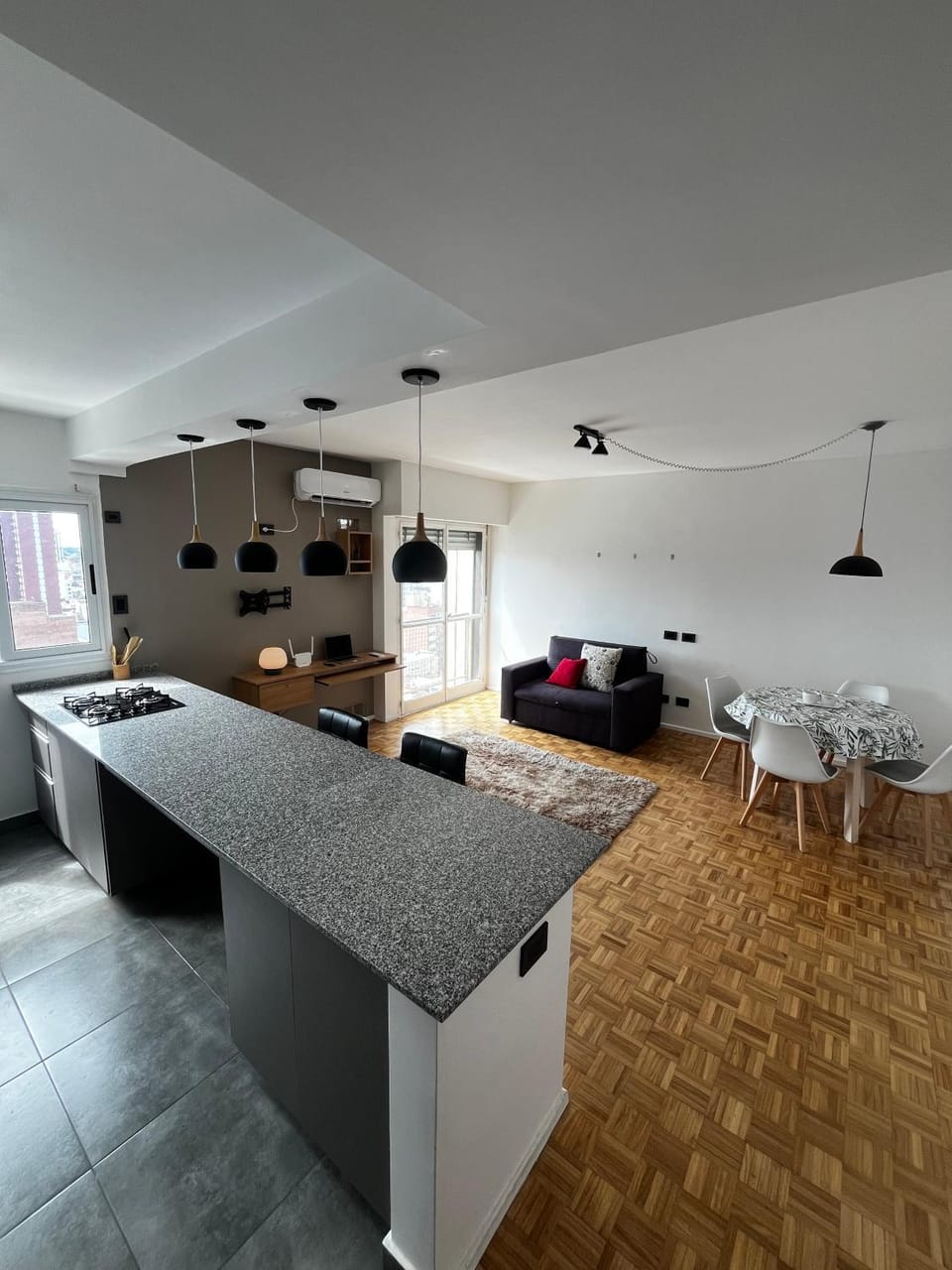 Kitchen or kitchenette, Living room, Seating area, Dining area, stove