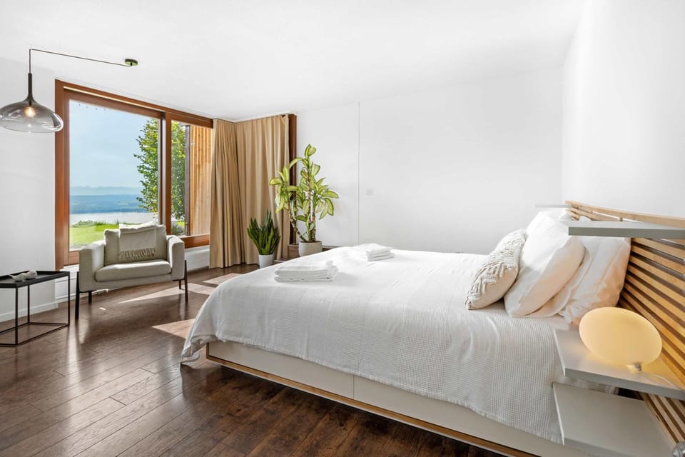 Bed, Bedroom, Lake view, towels