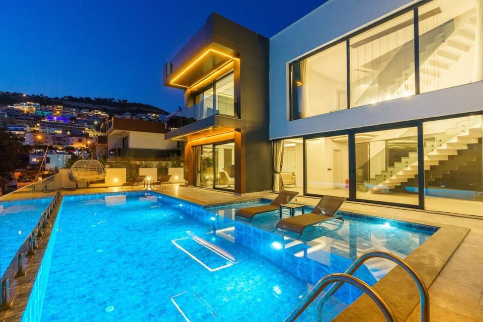 Property building, Night, Swimming pool, sunbed