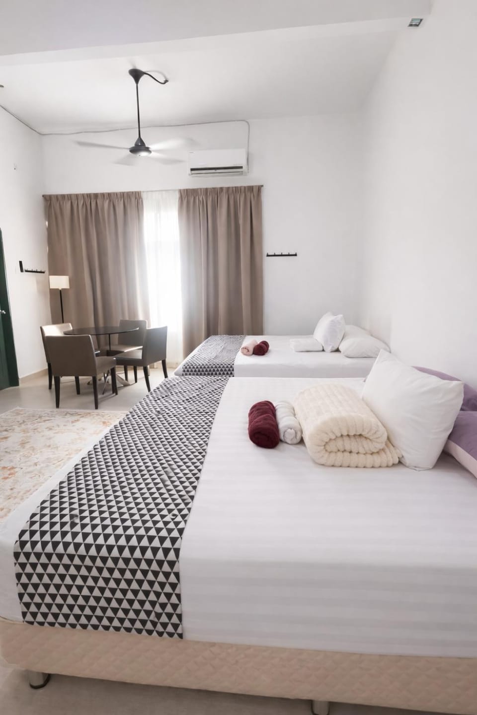 Bed, Photo of the whole room, Bedroom, towels, air conditioner