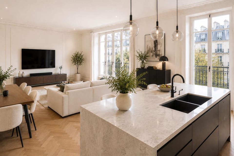 TV and multimedia, Kitchen or kitchenette, Living room, Seating area, Dining area