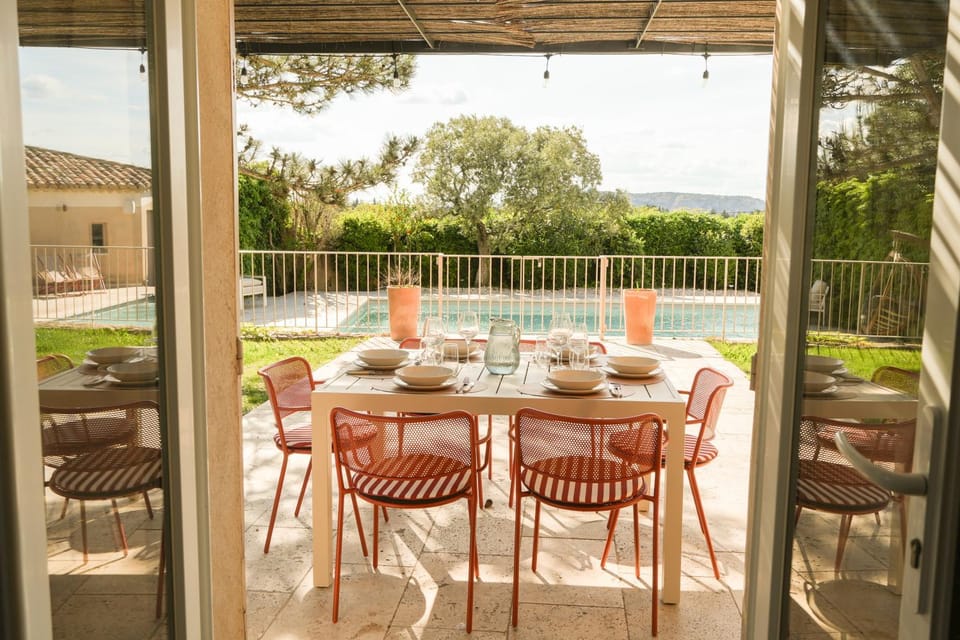Patio, Dining area, Pool view