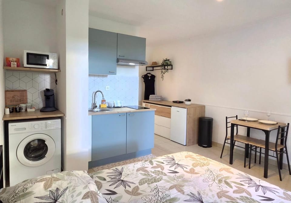 Bed, Kitchen or kitchenette, Living room, Photo of the whole room, Seating area, Dining area, Bedroom, stove, toaster, washing machine