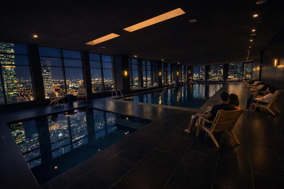 Night, Pool view, Swimming pool