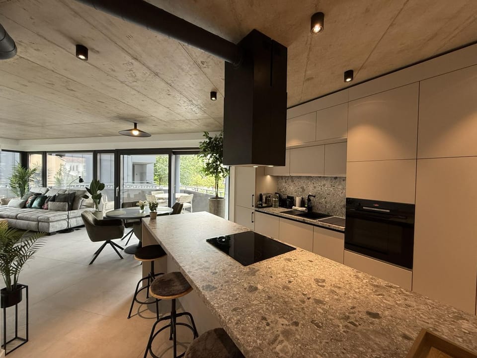 Kitchen or kitchenette, Living room, Dining area, stove