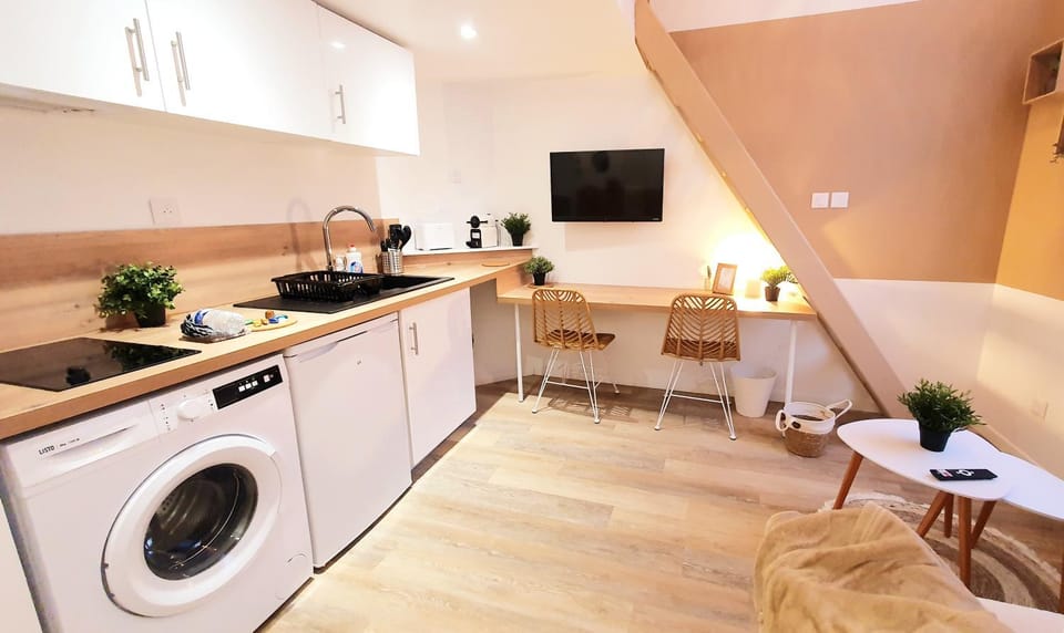 Kitchen or kitchenette, Living room, Seating area, Dining area, dishwasher, stove, toaster, washing machine
