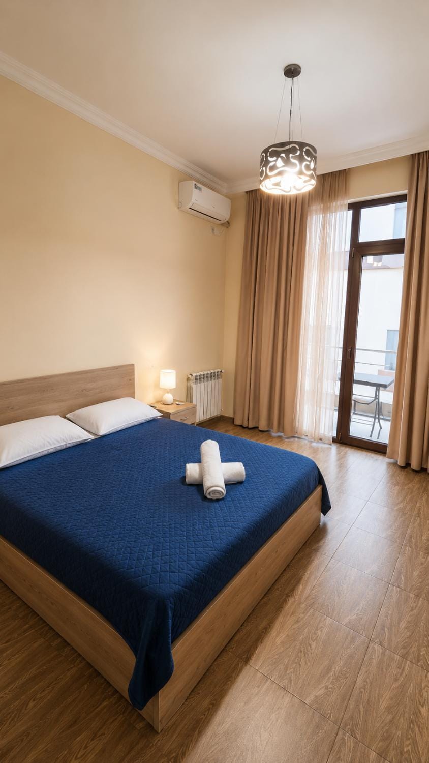 Bed, Photo of the whole room, Bedroom, towels, air conditioner