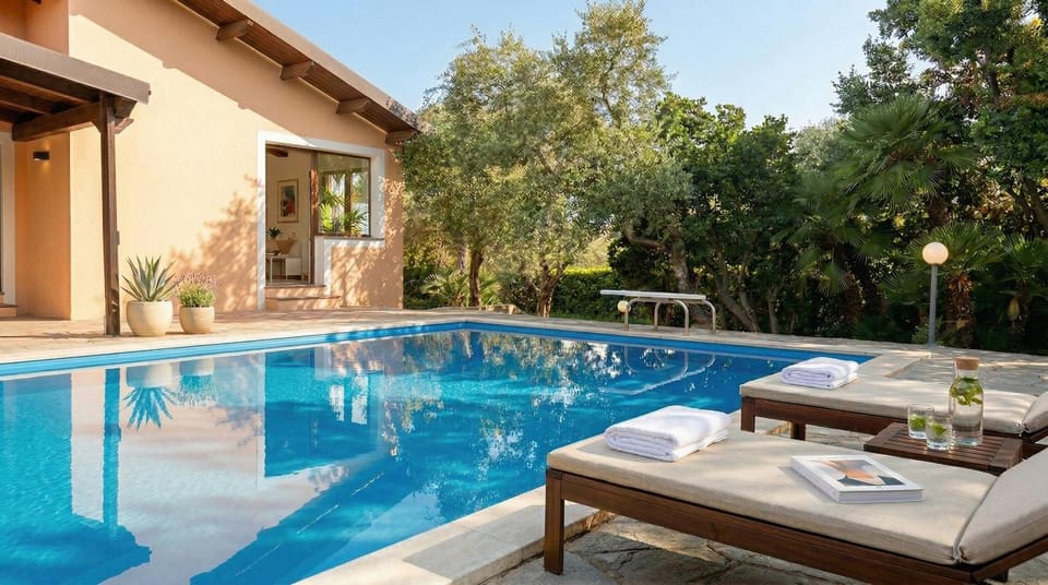 Property building, Patio, Garden, Garden view, Pool view, Swimming pool, sunbed