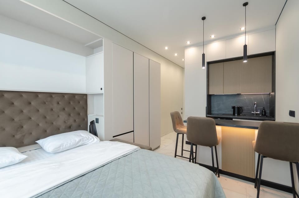 Bed, wardrobe