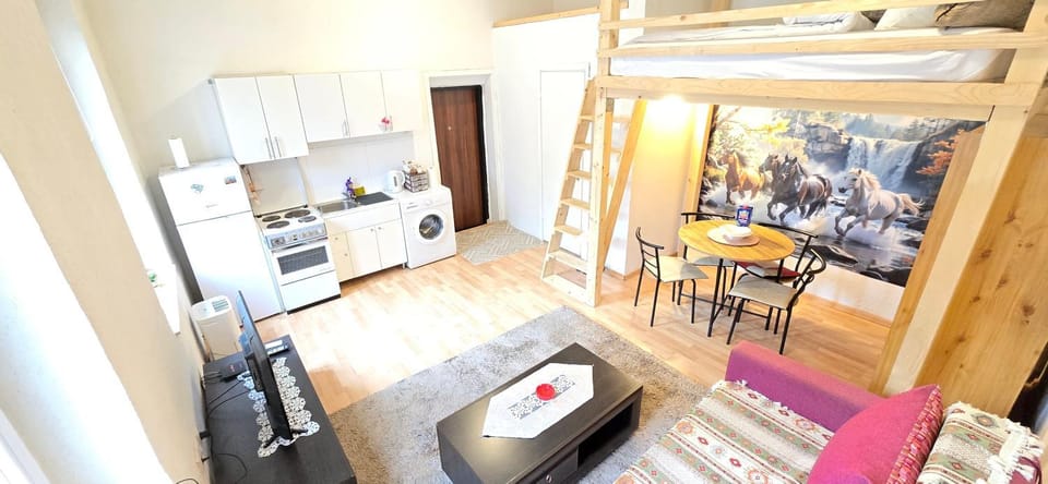 Living room, bunk bed, kitchen