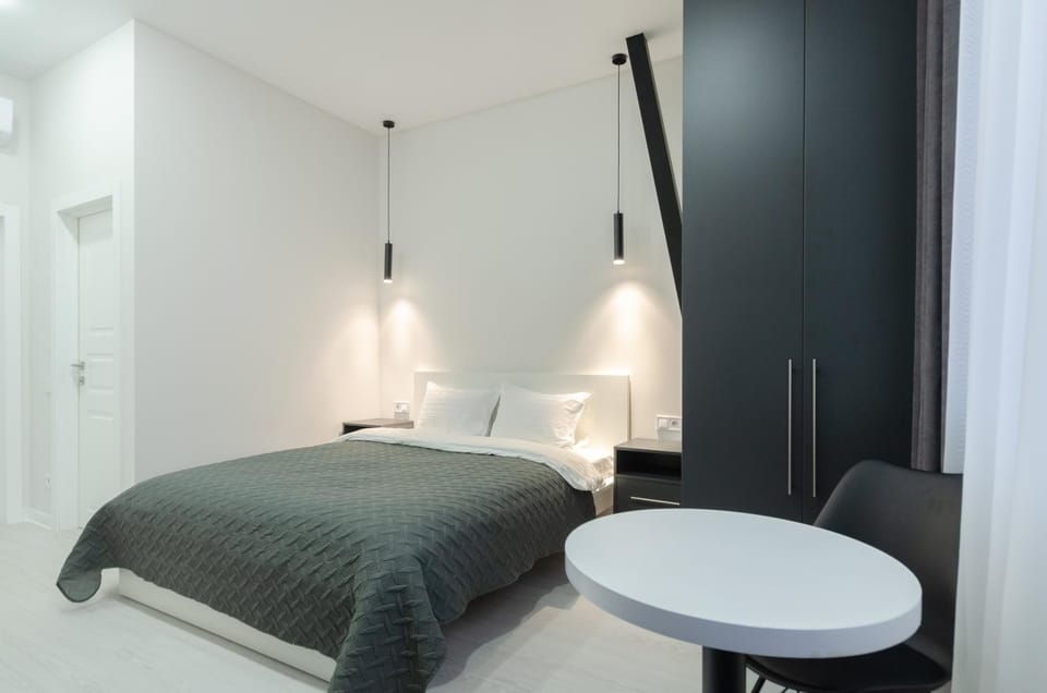 Bed, wardrobe