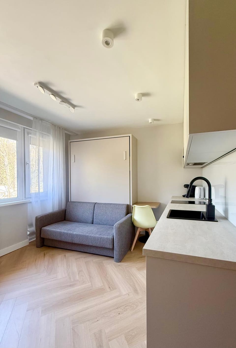 Kitchen or kitchenette, Living room, Seating area, microwave, oven, stove, kitchen