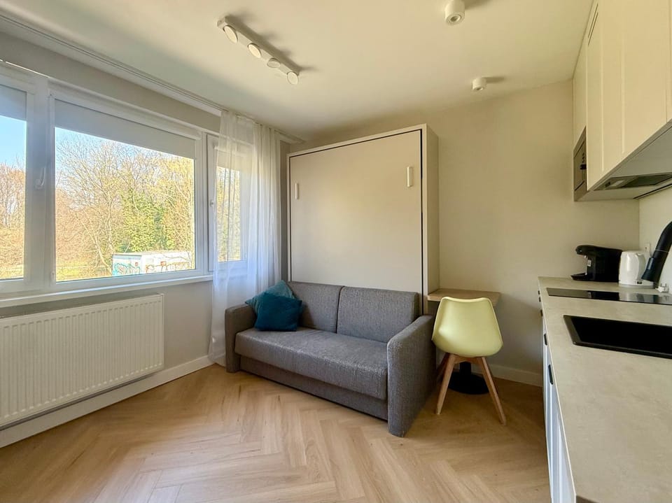 Kitchen or kitchenette, Living room, Seating area, microwave, oven, stove, kitchen