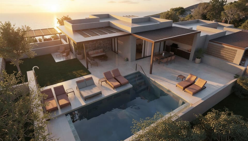 Patio, Day, Natural landscape, Pool view, Sea view, Swimming pool, sunbed