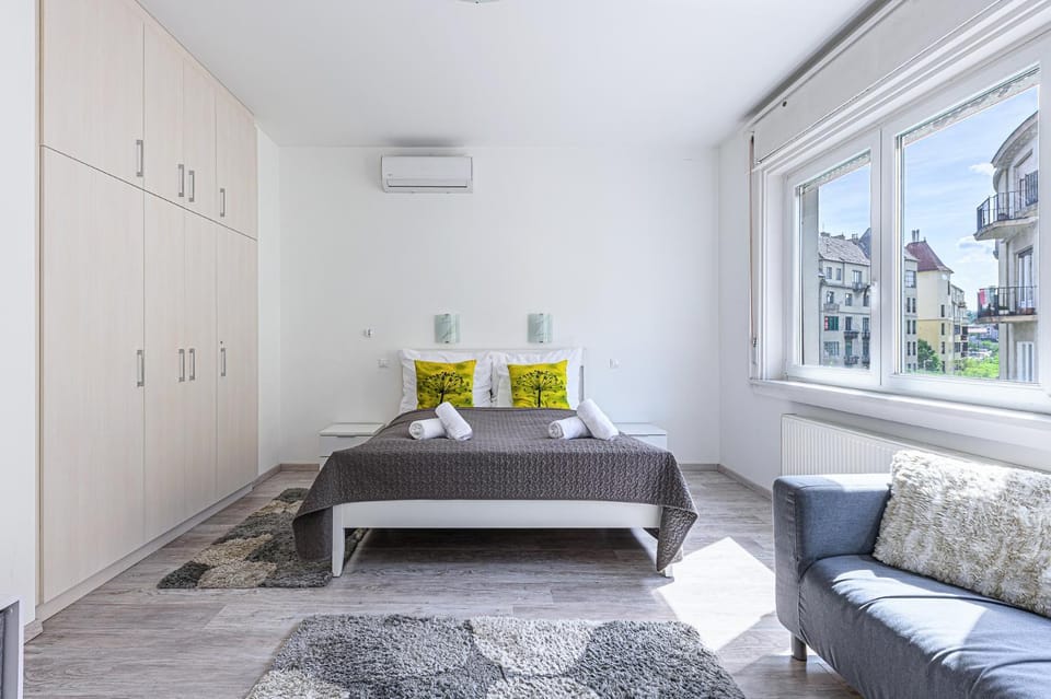 Bed, Living room, Photo of the whole room, Bedroom, towels, air conditioner