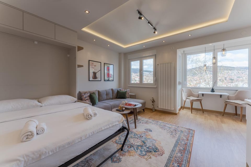 Bed, Living room, Seating area