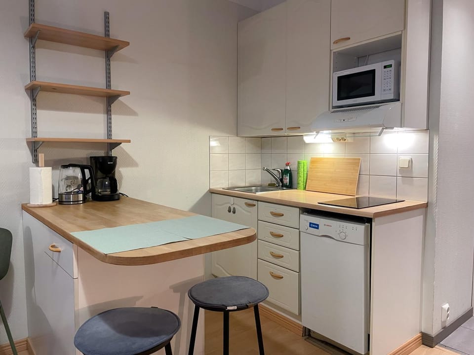 Kitchen or kitchenette, dishwasher, microwave
