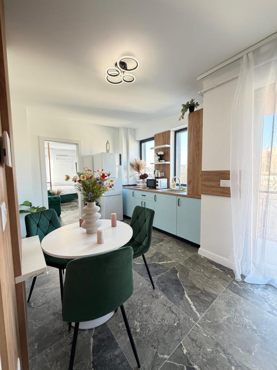 Living room, Decorative detail, microwave, kitchen