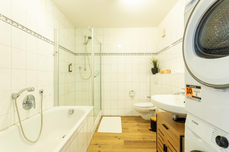 Shower, Toilet, Bathroom, Bath, towels, washing machine, dryer