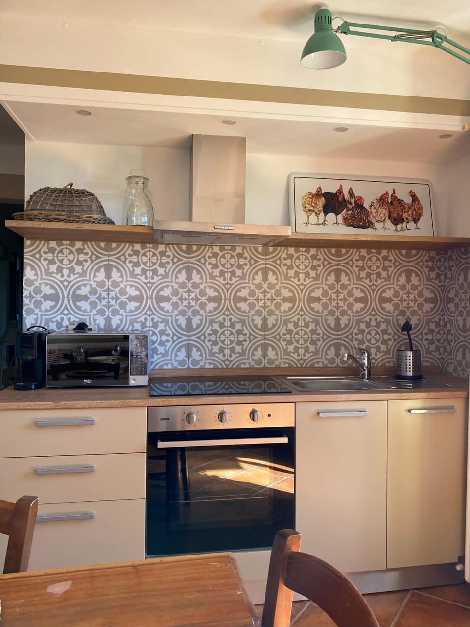 Kitchen or kitchenette, microwave, oven, stove