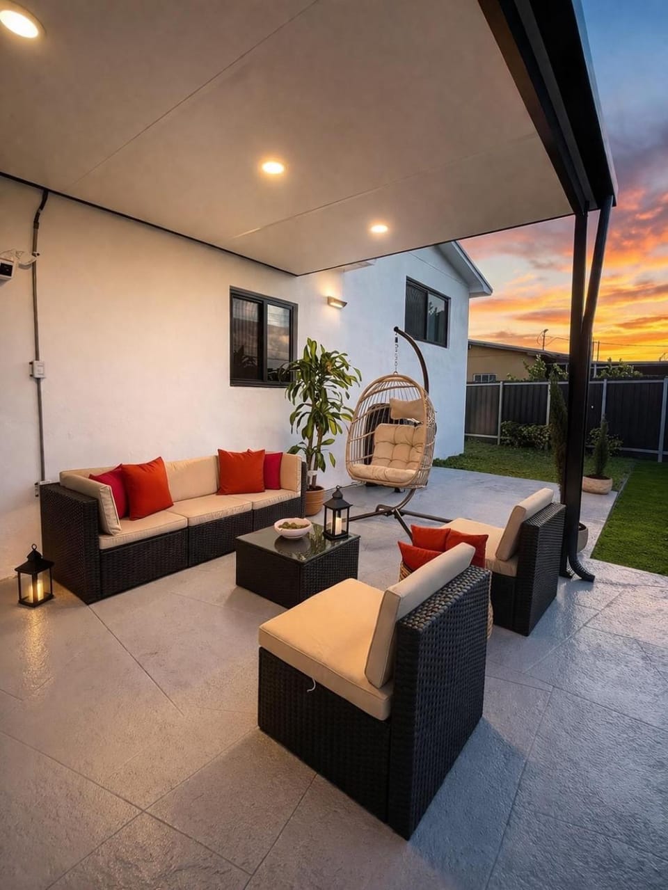 Patio, Seating area, Garden view, Sunset