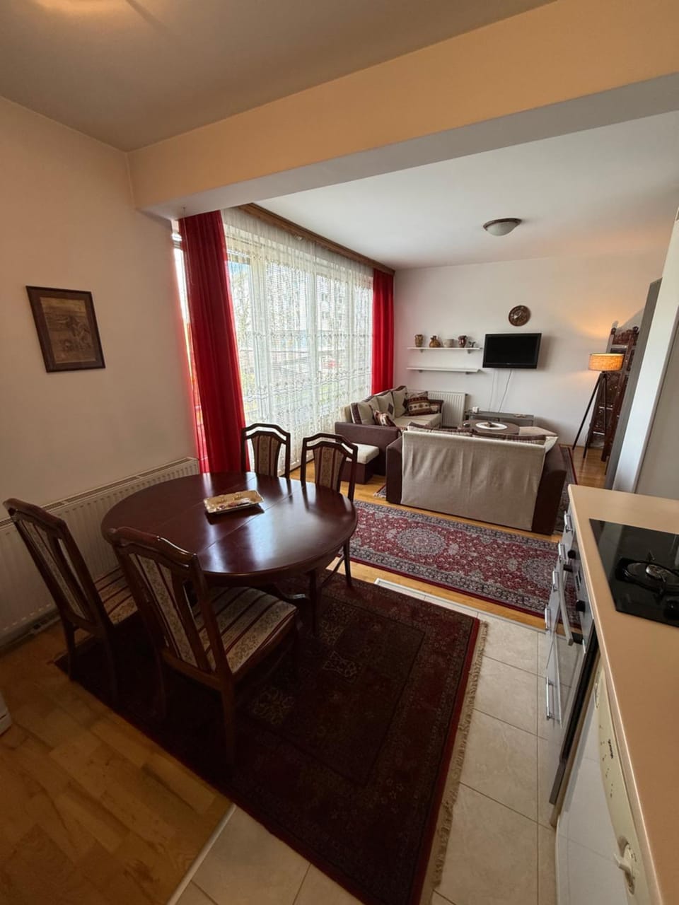 TV and multimedia, Kitchen or kitchenette, Living room, Photo of the whole room, Seating area, Dining area