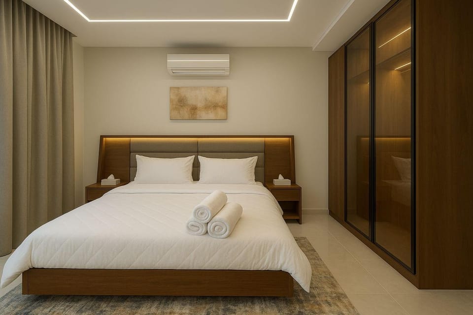 Bed, Bedroom, towels, wardrobe, air conditioner