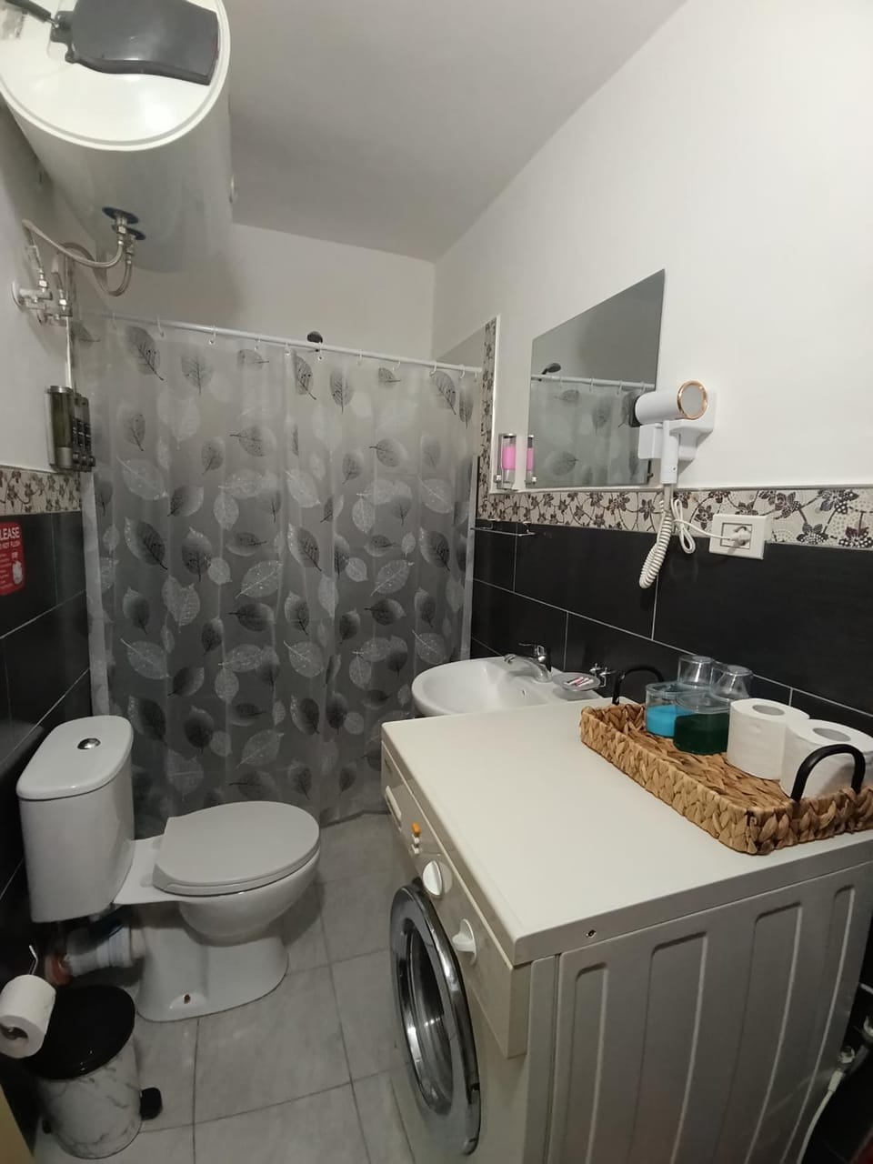 Bathroom, hair dryier, washing machine