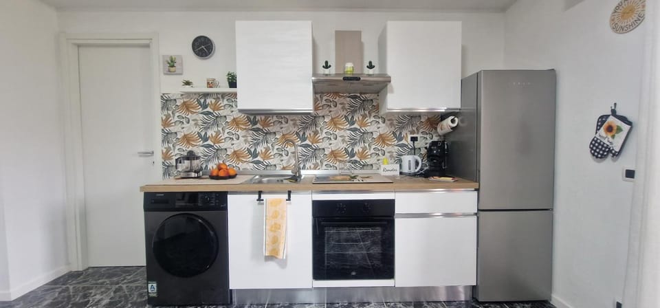 Kitchen or kitchenette, oven, stove, washing machine