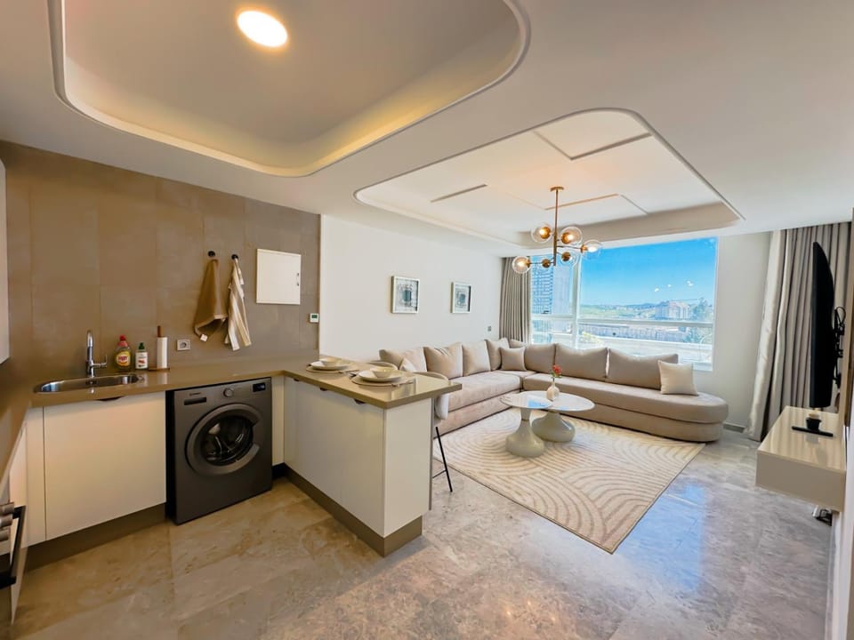 Kitchen or kitchenette, Living room, Seating area, dishwasher, stove, washing machine