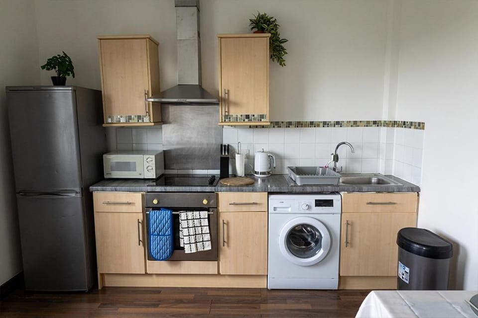 Kitchen or kitchenette, oven, stove, toaster, washing machine