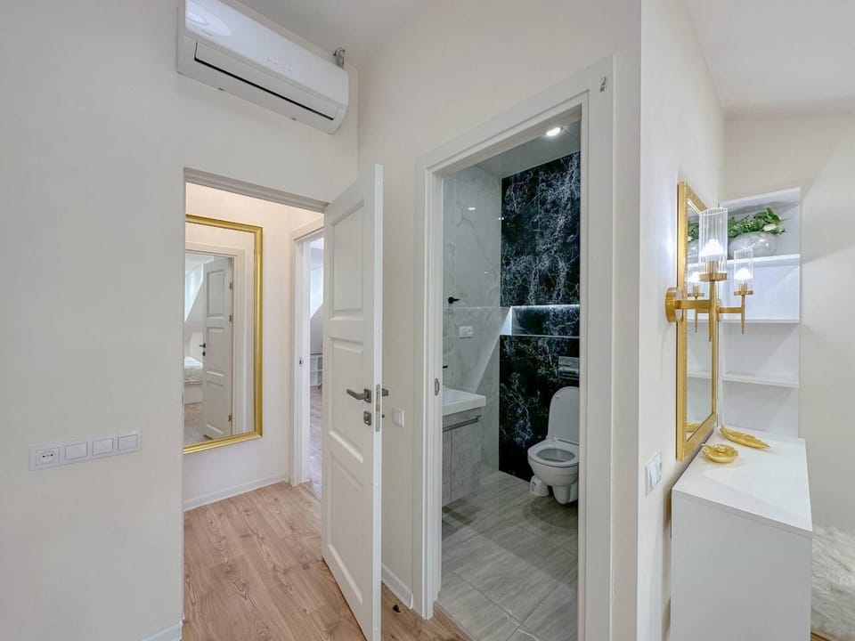 Toilet, towels, air conditioner