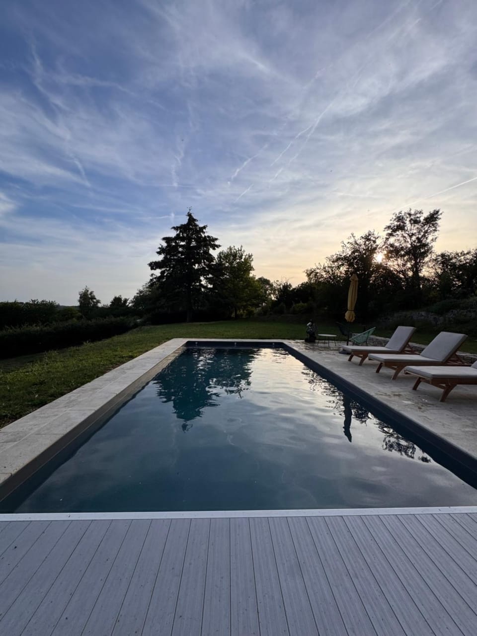 Natural landscape, Pool view, Swimming pool, Sunset, sunbed