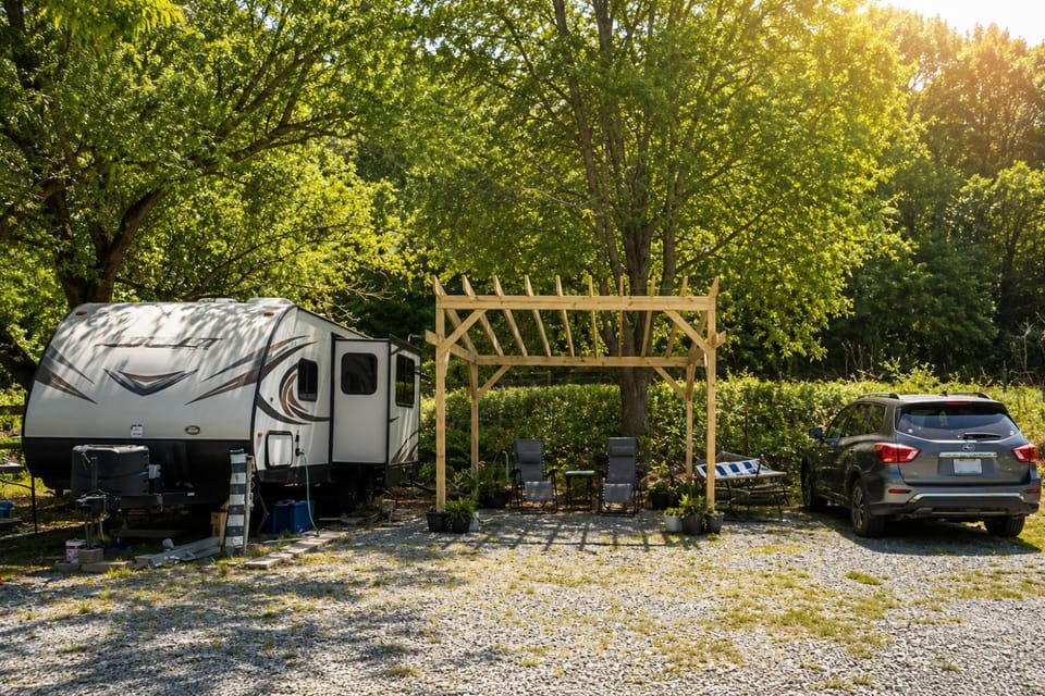 Camper on the New River in Todd, NC House in Watauga