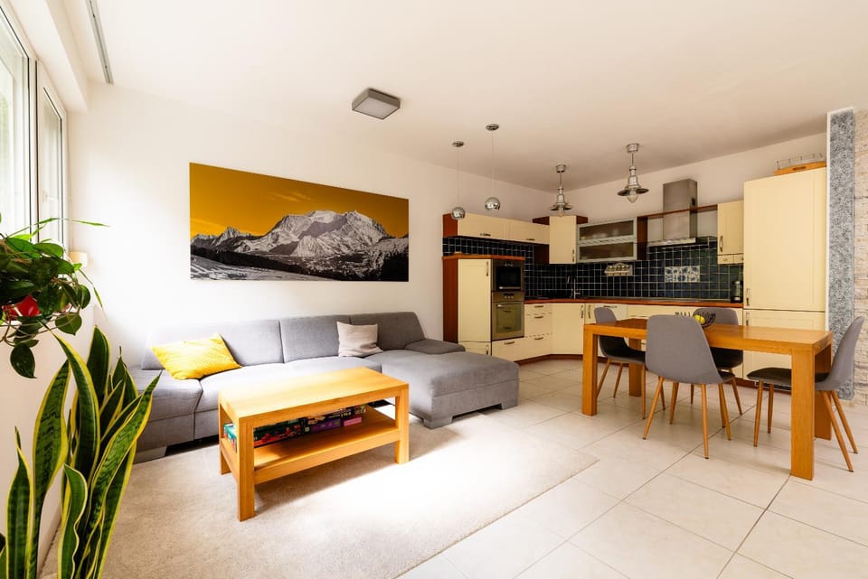 Kitchen or kitchenette, Living room, Seating area, Dining area