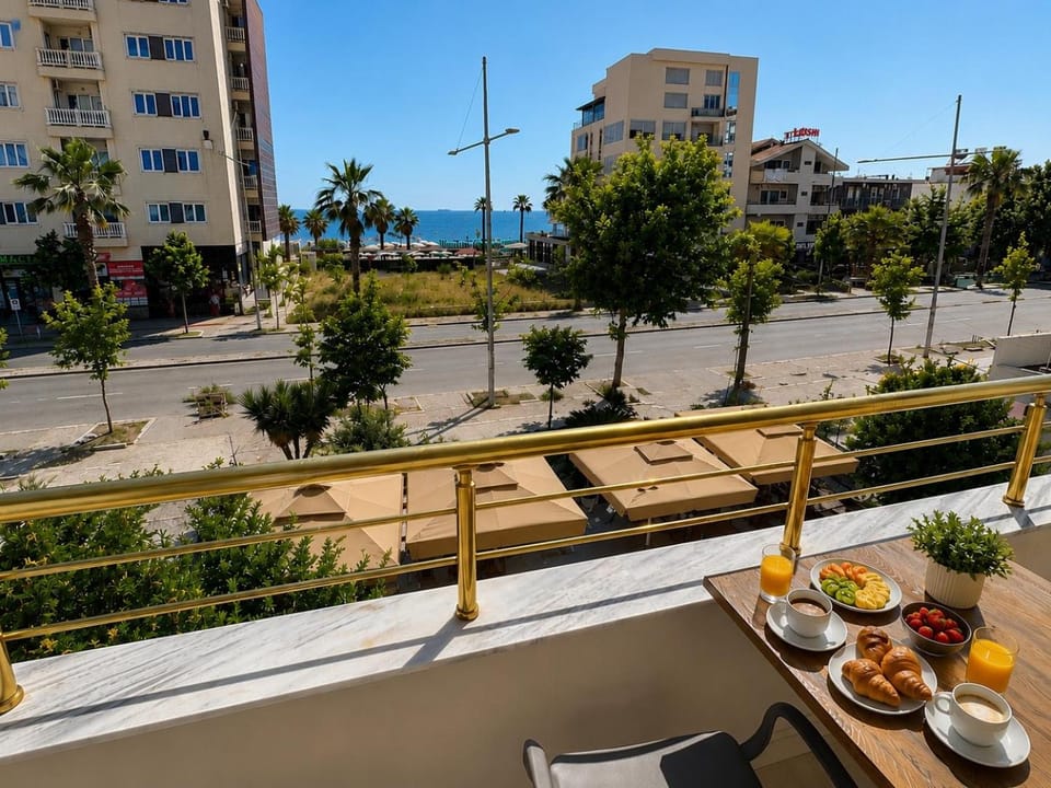 Property building, Patio, Day, Natural landscape, View (from property/room), Balcony/Terrace, Dining area, Food, Sea view, Sea view, Breakfast, Continental breakfast