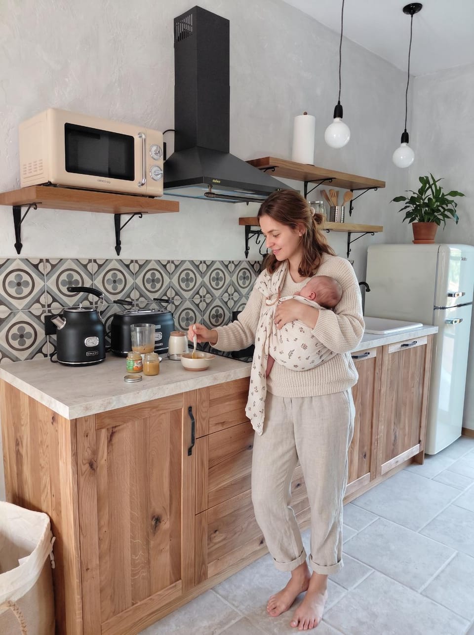 Kitchen or kitchenette, children, dishwasher, microwave, stove, toaster, kitchen
