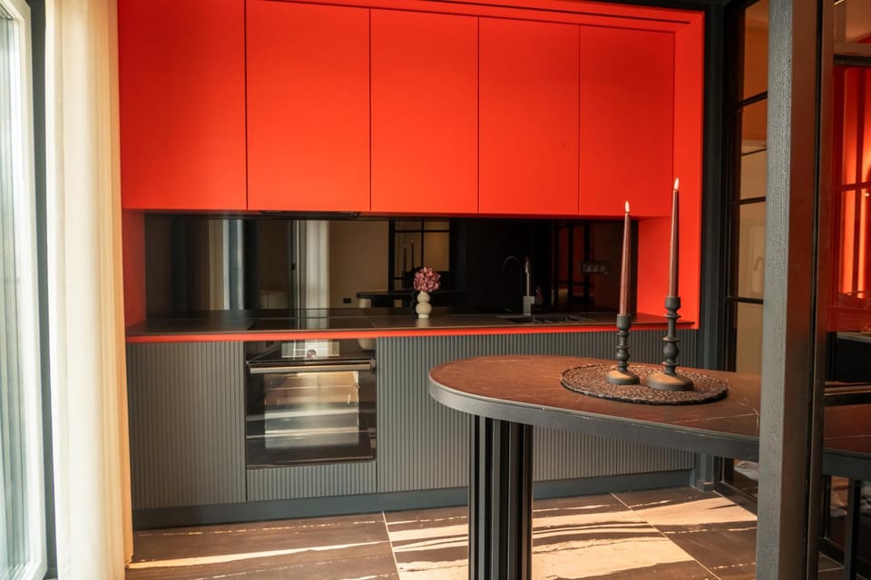 Kitchen or kitchenette, stove
