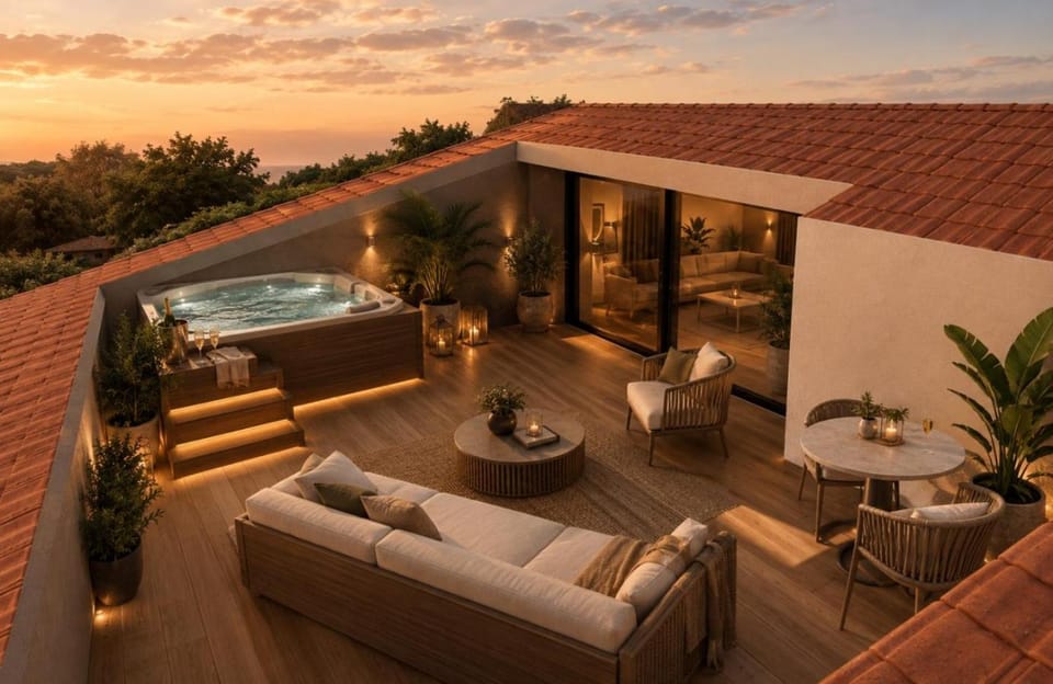 Patio, Natural landscape, View (from property/room), Balcony/Terrace, Living room, Seating area, Sunrise, Sunset, sunbed