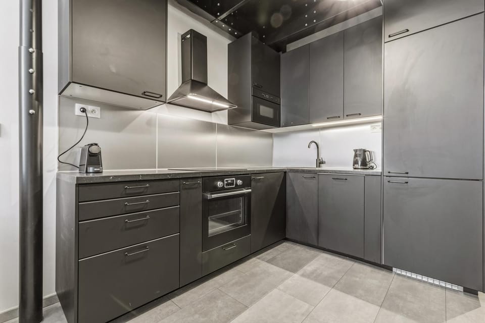 Kitchen or kitchenette, dishwasher, oven, stove
